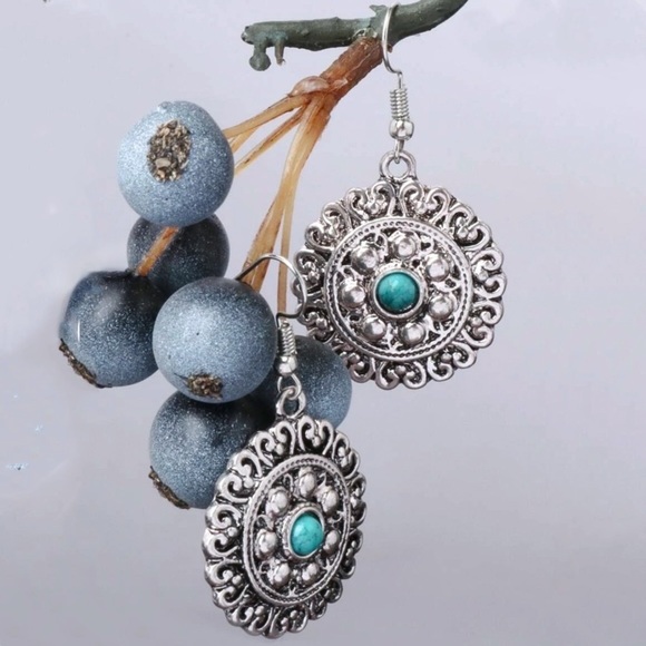 Any 2/$20! Silver Dimpled Boho Turquoise Drop Earrings - Picture 2 of 6